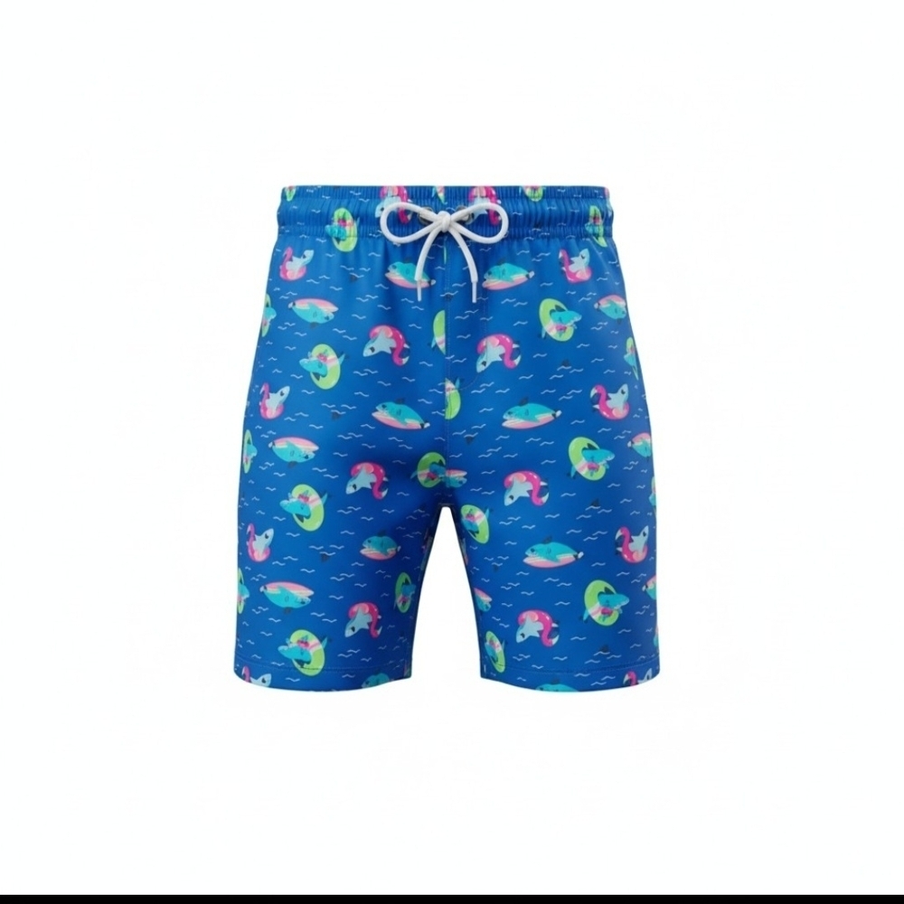 Lands' End Bright Blue Boys' Swim Trunks Multicolor Float & Dolphin NWOT 14H-16H